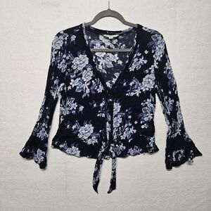 American Eagle Outfitters Floral Blouse Tie Front Bell Sleeves 90s Bohemian Fest